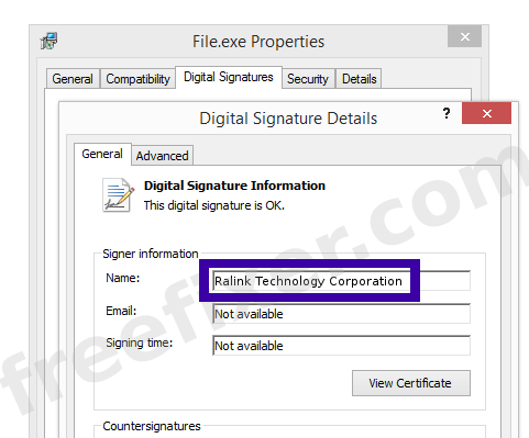 Screenshot of the Ralink Technology Corporation certificate